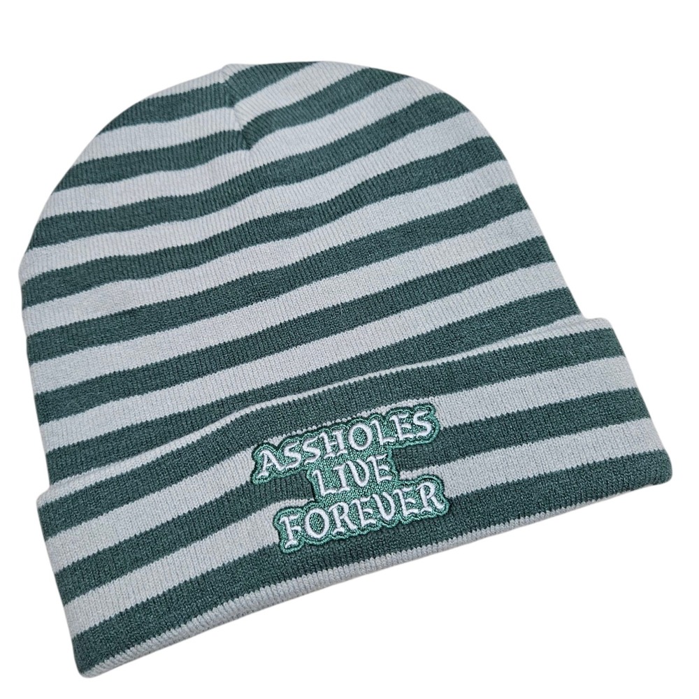 A**holes Lives Forever Striped Beanie Hat‎ Embroidered Green Gray Streetwear